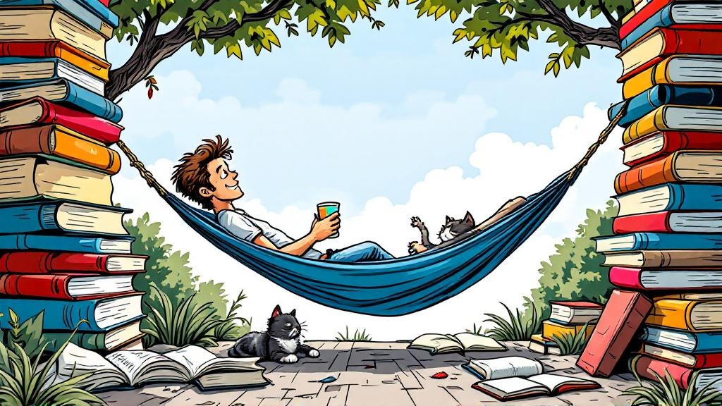 A reader taking a peaceful break, lounging in a hammock strung between two towering stacks of books
