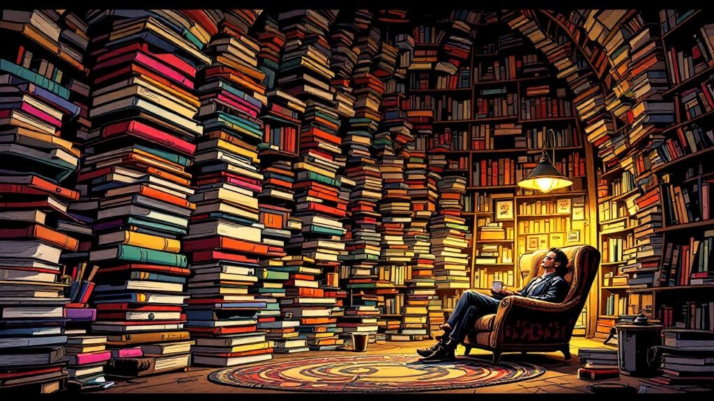 A cozy reading nook with a massive stack of colorful books towering high, a comfortable armchair with a reader settling in with tea