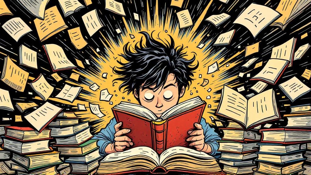 An enthusiastic reader surrounded by a whirlwind of open books, pages flying through the air with speed lines