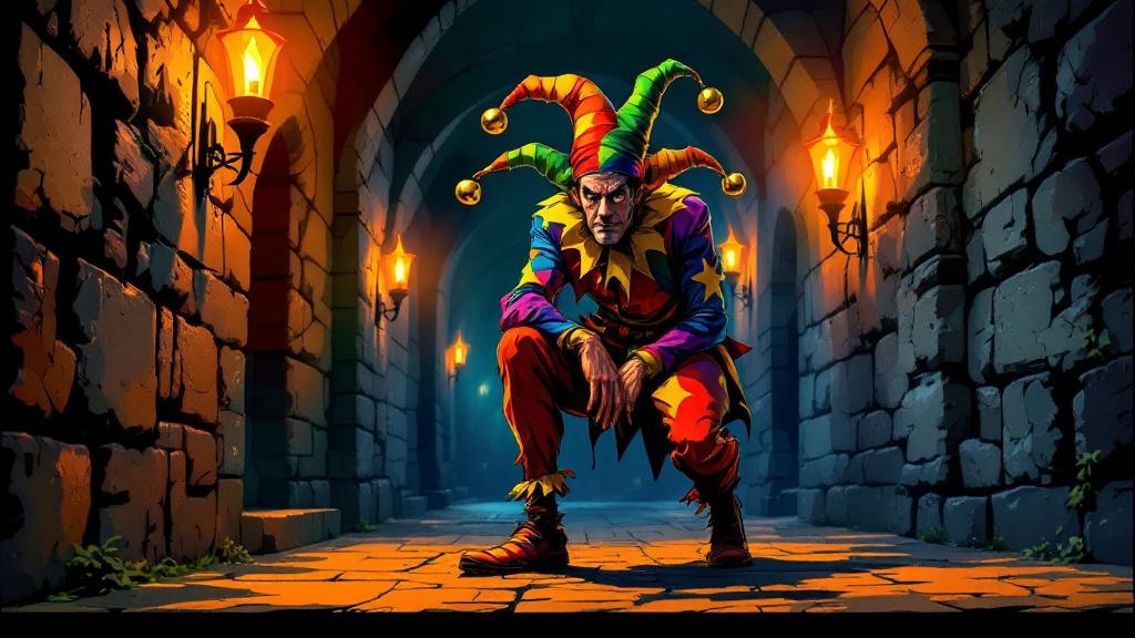 A tall man in jester's motley hunching into a half-crouch in the corridors of Lancre Castle, bells jingling softly