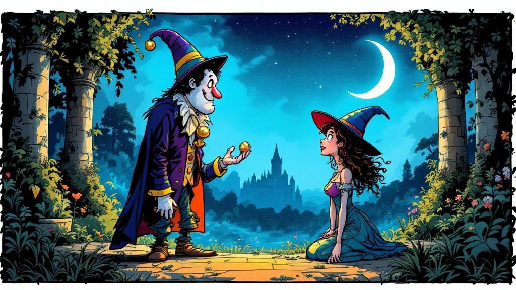 The Fool and Magrat Garlick meeting awkwardly in a moonlit castle garden, both looking at the ground
