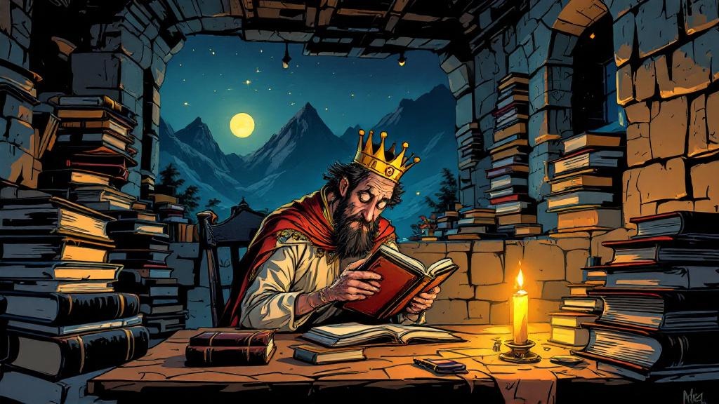 King Verence sitting alone in Lancre Castle studying philosophy books by candlelight, the crown slightly too big on his head