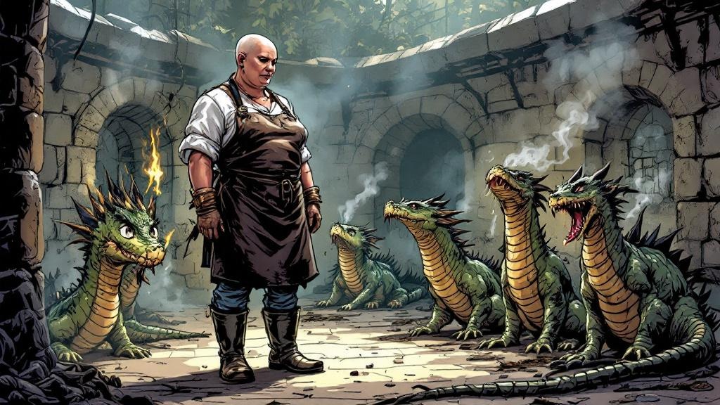 A large, confident woman in rubber boots and a soot-stained apron tending to small dragons in outdoor pens, some breathing tiny flames