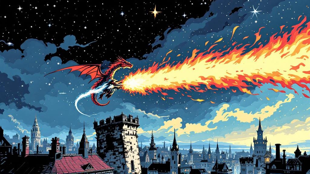 A tiny white swamp dragon rocketing through the air like a jet engine, trailing flame, while a massive noble dragon watches from a rooftop