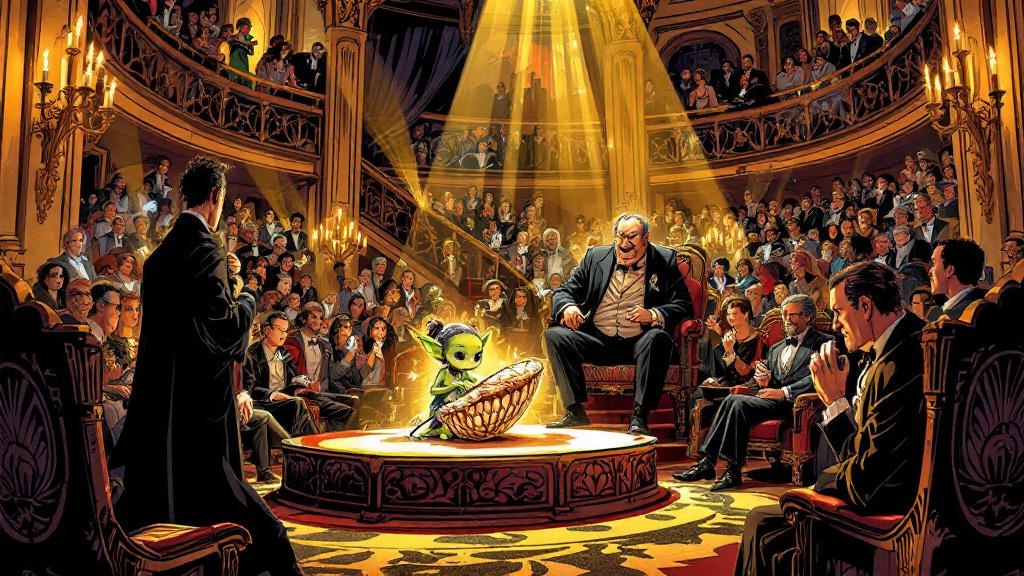 An elegant concert hall filled with nobles and diplomats, with a small goblin girl playing a haunting instrument on stage
