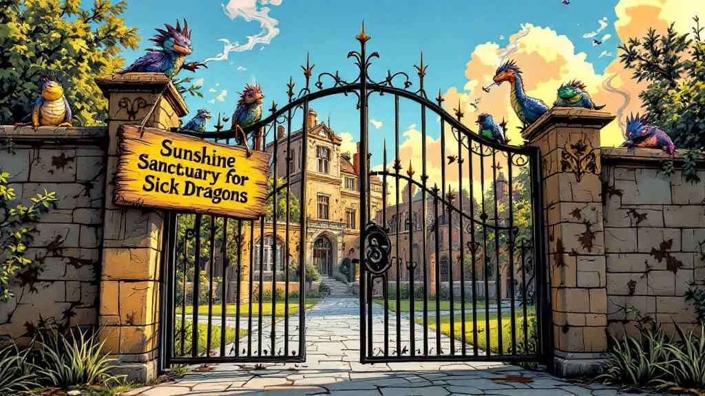 An ornate iron gate with a weathered sign reading 'Sunshine Sanctuary for Sick Dragons' with small dragon silhouettes perched along the top