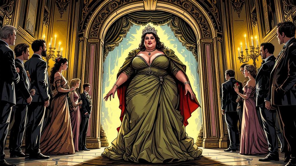 A tall, broad woman in an elegant but slightly rumpled ball gown entering a grand ballroom, turning every head in the room with pure confidence rather than conventional beauty