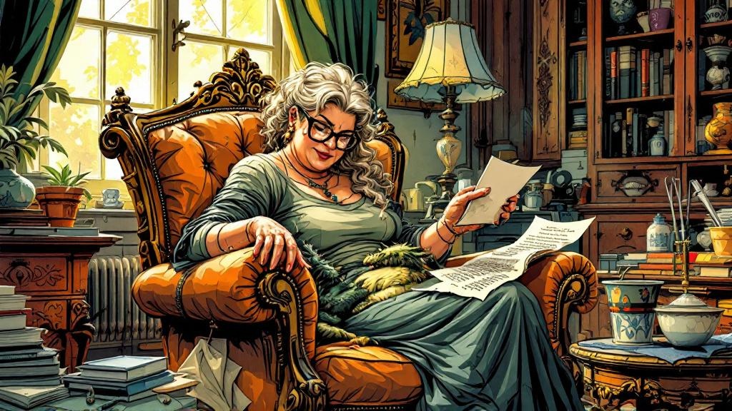 A large woman sitting confidently in an ornate chair that seems almost too small for her, looking completely at ease while reading correspondence, surrounded by dragon care equipment