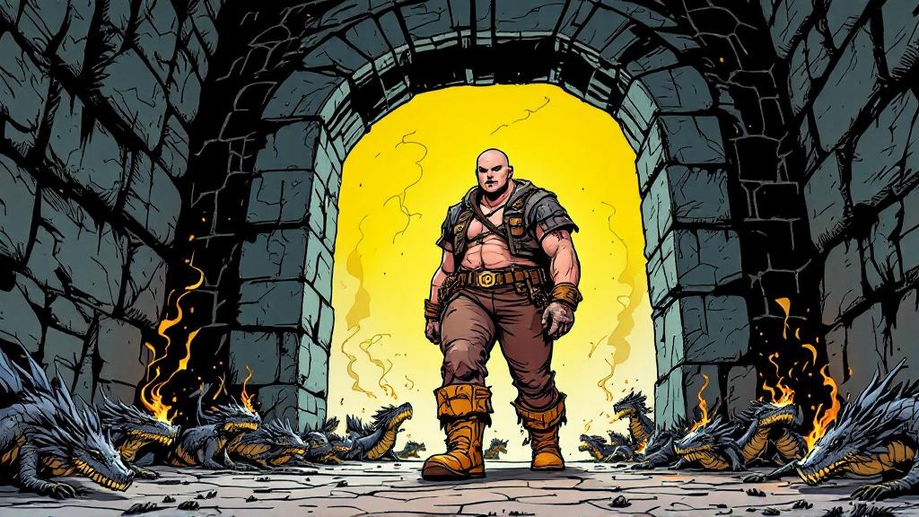 A large, commanding woman in soot-stained leather and rubber boots striding confidently through dragon pens while small dragons scatter around her feet