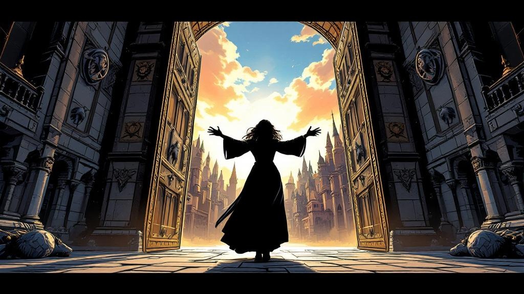 Majestic city gates opening at dawn with a woman's silhouette visible within the archway