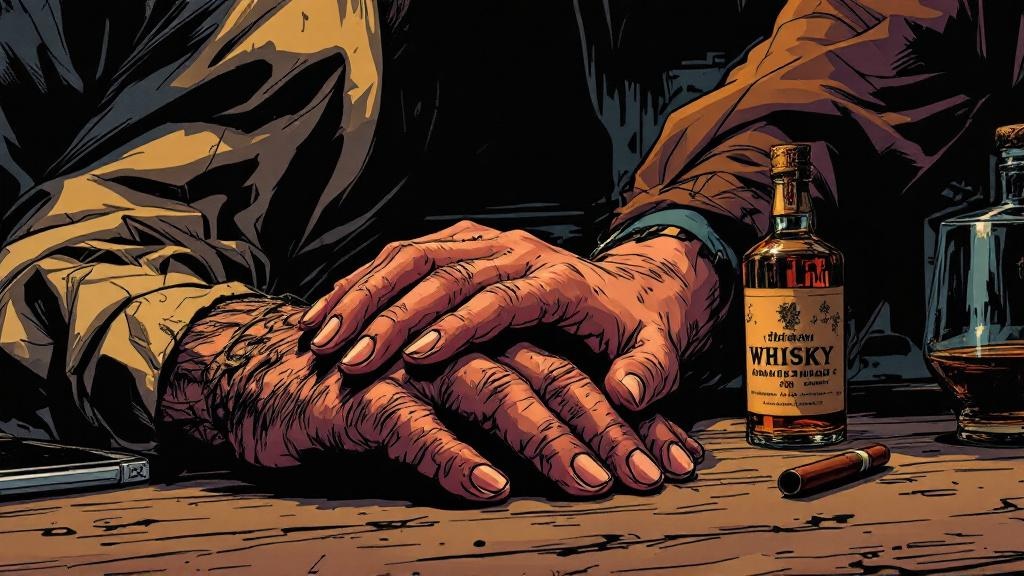 A close-up of intertwined hands, one reaching for but not grasping a whisky bottle pushed aside