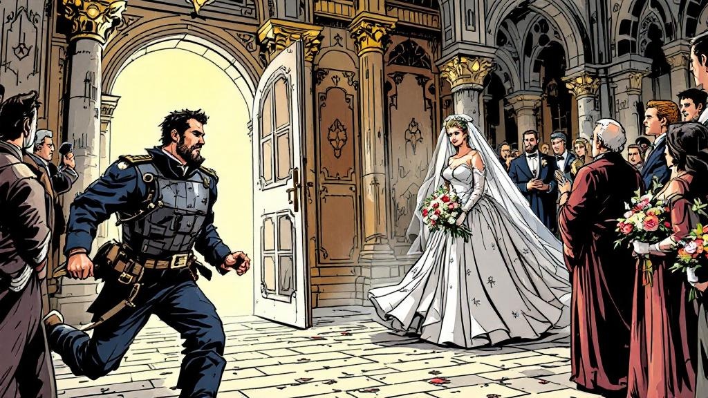 A wedding scene interrupted, with a groom in watchman's uniform running toward danger while the bride calmly watches from the altar