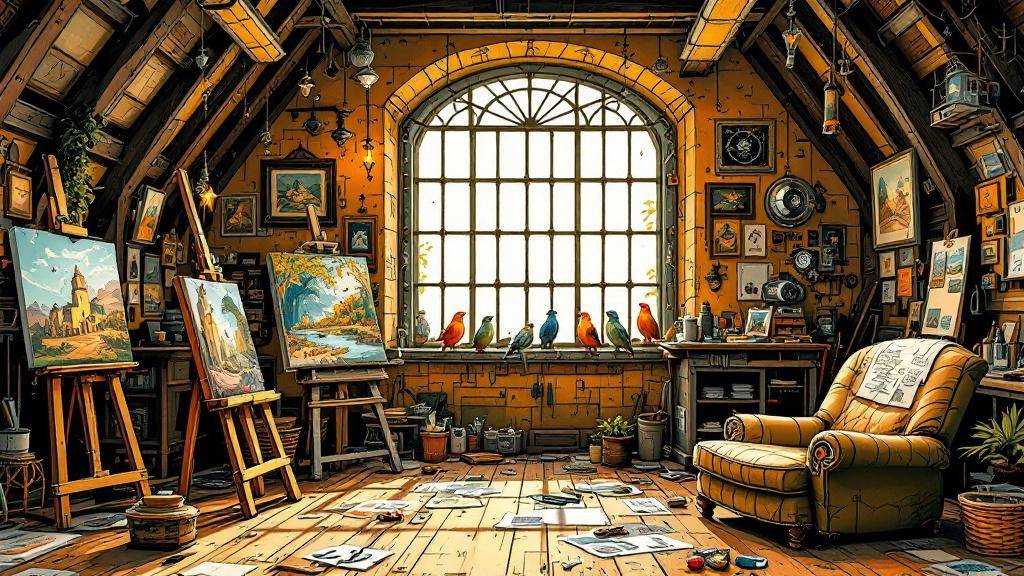 A cozy attic studio filled with paintings, inventions, and sketches, with a view of birds through barred windows that feel decorative rather than threatening