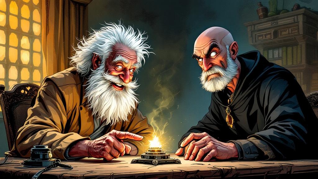 Leonard of Quirm cheerfully showing Vetinari a small device on a table, Vetinari looking at it with dawning alarm