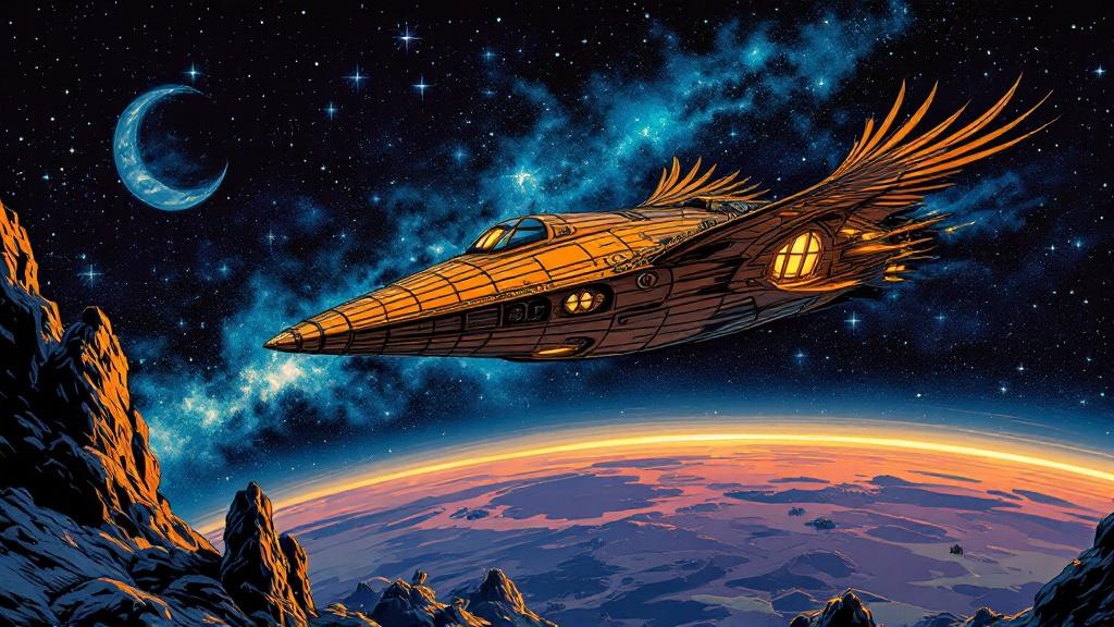 A spectacular eagle-shaped spacecraft soaring above the Disc's edge, with tiny figures visible through a window, stars and the Great A'Tuin visible below