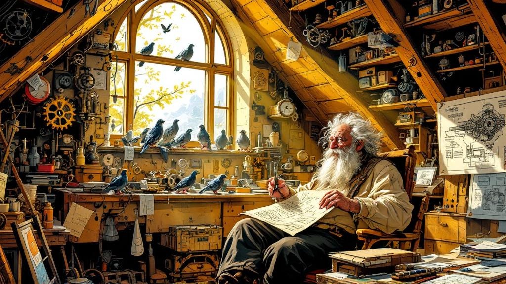 Leonard of Quirm surrounded by intricate blueprints and half-finished inventions in his attic workshop, sunlight streaming through a window where birds perch