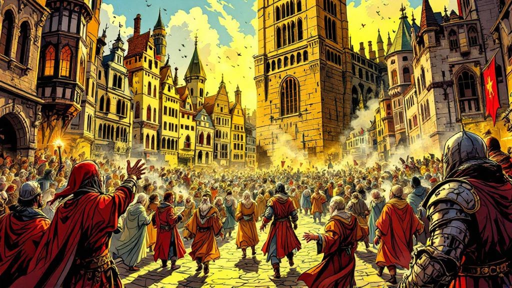 A chaotic view of Ankh-Morpork streets with guild members arguing, nobles looking panicked, and city watchmen marching purposefully through the disorder