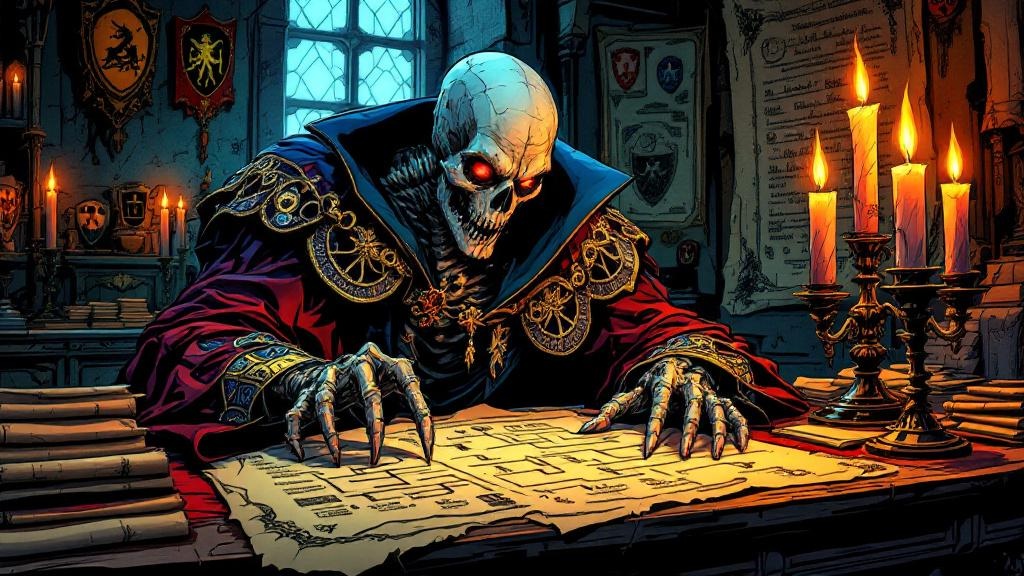 An ancient skeletal vampire in ceremonial herald robes hunched over genealogical documents and family trees by candlelight, his thin fingers tracing bloodlines