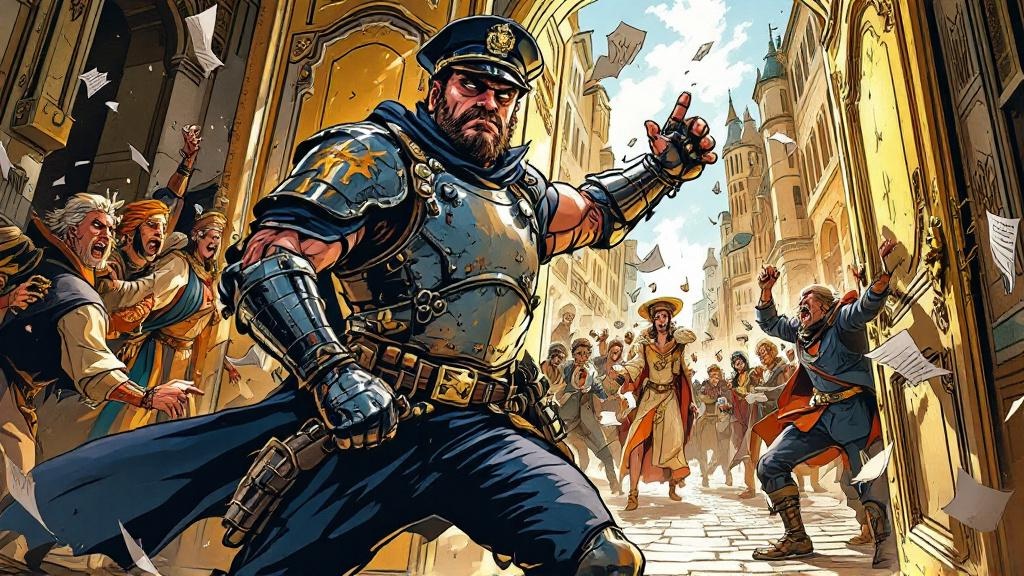 Commander Vimes in battered armour kicking open an ornate guild door while terrified nobles scramble backwards, papers flying