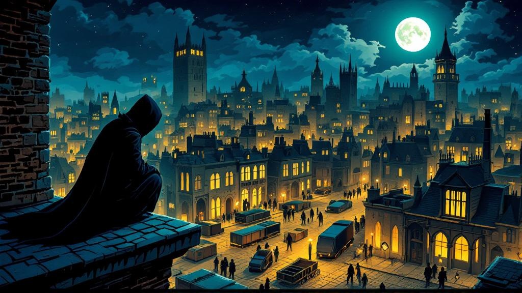 A thin figure crouching on rooftops above barricades at night, watching the streets below