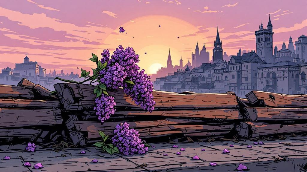 A sprig of lilac resting on a barricade at dawn, with the city skyline in the background
