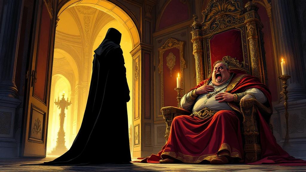 A dark silhouette standing in a doorway, light behind them, while a terrified figure recoils