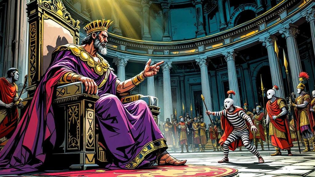 A Roman emperor in purple toga gesturing imperiously at a cowering mime performer in a marble amphitheatre, guards flanking the scene