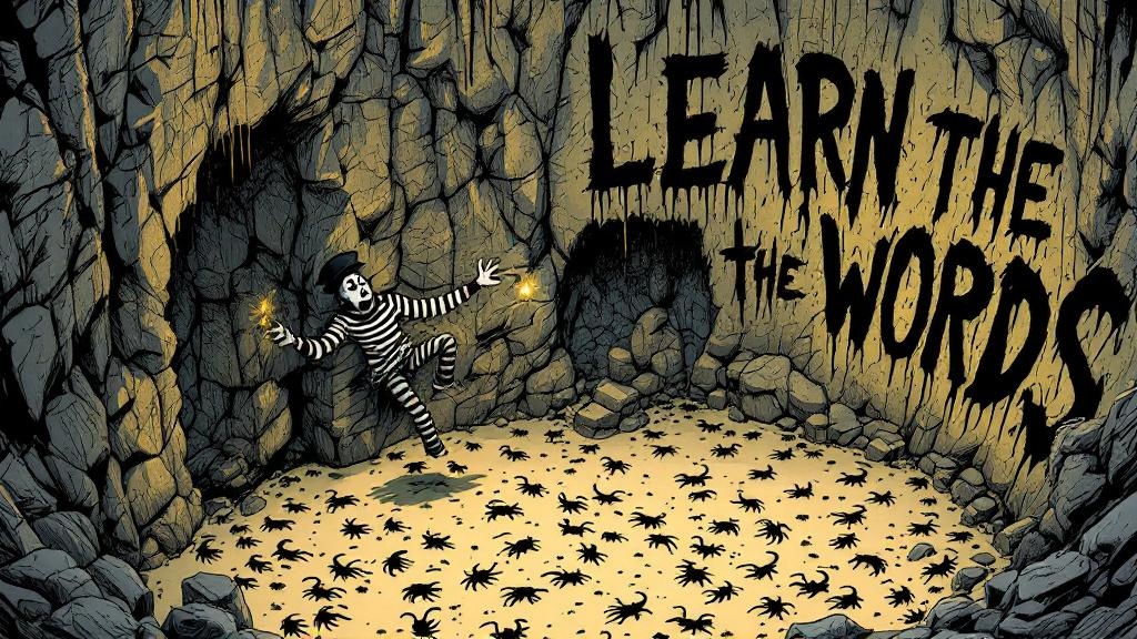 A deep stone pit viewed from above with sand floor, scorpions scattered across the ground, and painted on one wall in large black letters the words LEARN THE WORDS, while a figure in a striped shirt and white face paint clings to the wall