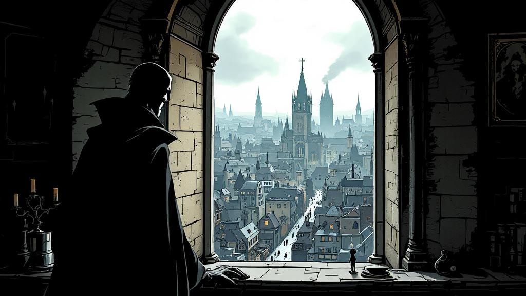 Lord Vetinari silhouetted in a tall palace window overlooking a panoramic view of chaotic Ankh-Morpork streets below, his thin figure dark against grey light, one hand resting on the windowsill
