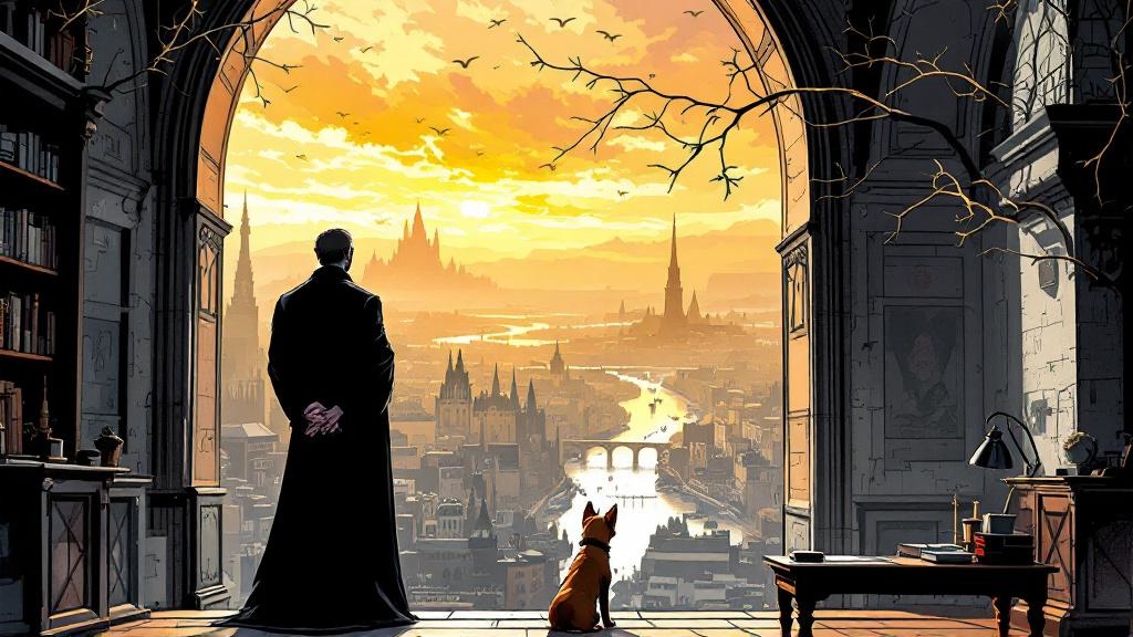 Lord Vetinari standing at a window overlooking the sprawling city of Ankh-Morpork at dawn, his expression contemplative and devoted