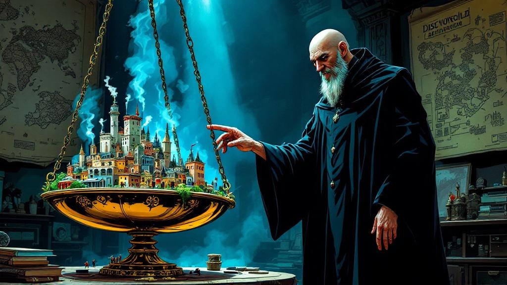 A tall thin figure in dark robes delicately placing a finger on a set of weighing scales, balancing the city of Ankh-Morpork