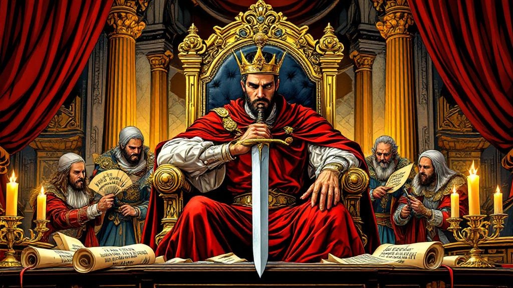 A Renaissance prince on a throne gripping a sword, surrounded by fearful courtiers and scheming advisors