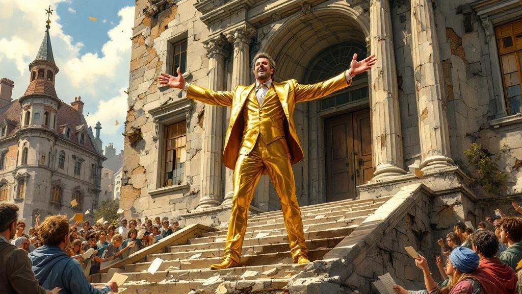 A man in a gleaming golden suit standing confidently on the steps of a crumbling post office building, arms spread wide as a crowd gathers