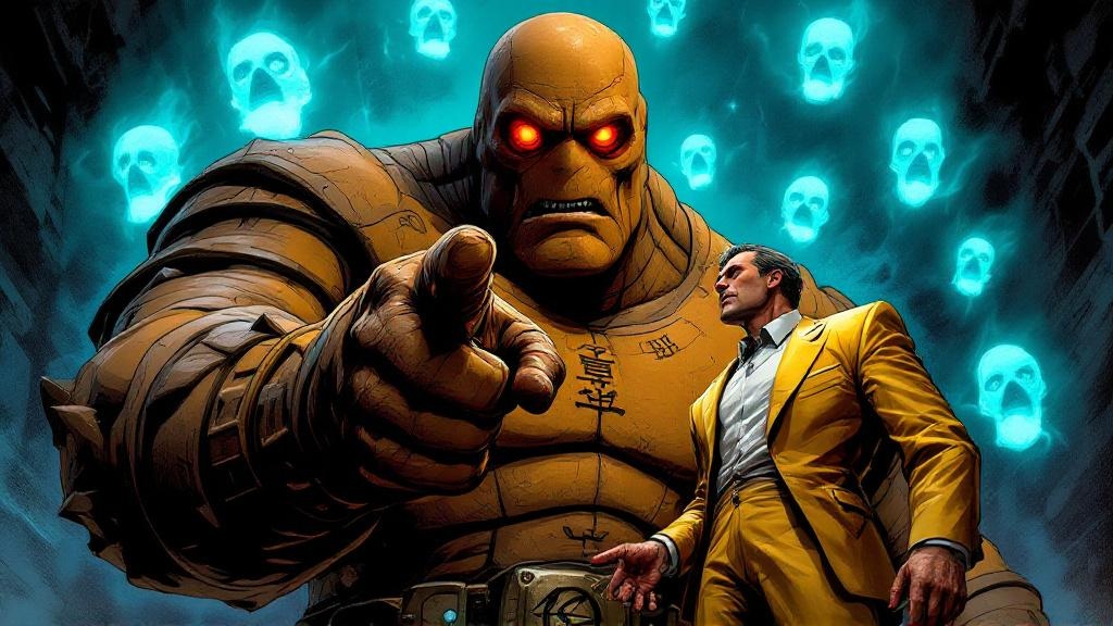 A massive golem made of clay looming over a nervous golden-suited con man, pointing an accusatory finger while ghostly figures float in the background