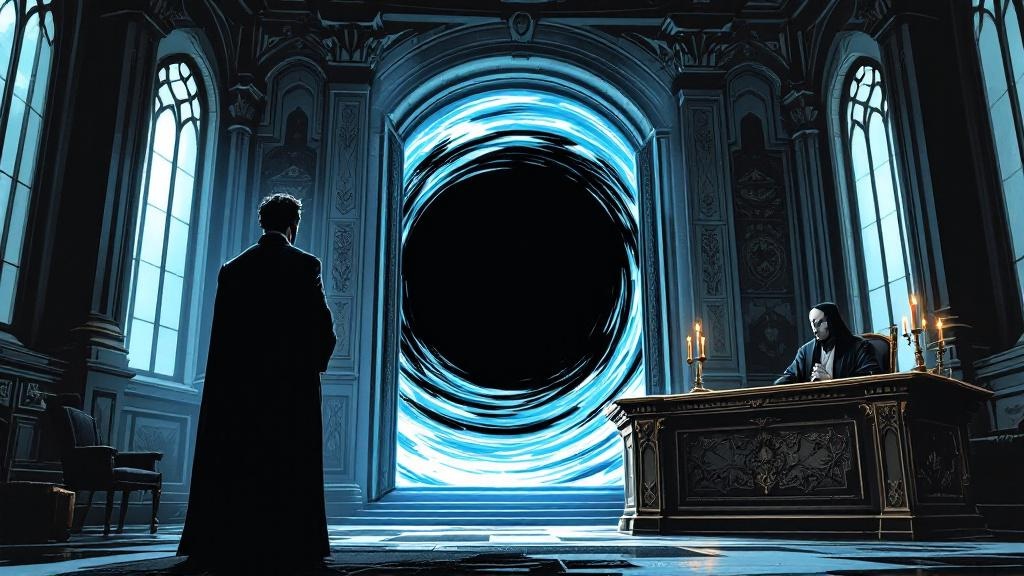 A dark silhouette standing before an open door revealing nothing but void, while a thin figure in black robes watches from behind a desk with quiet interest