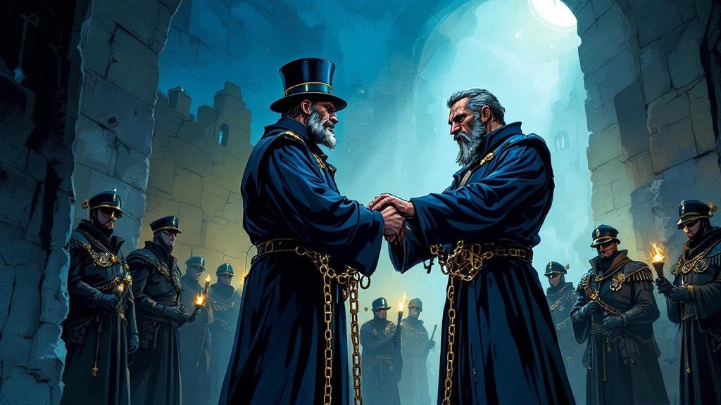 Vimes placing Vetinari in chains, both men maintaining dignified composure