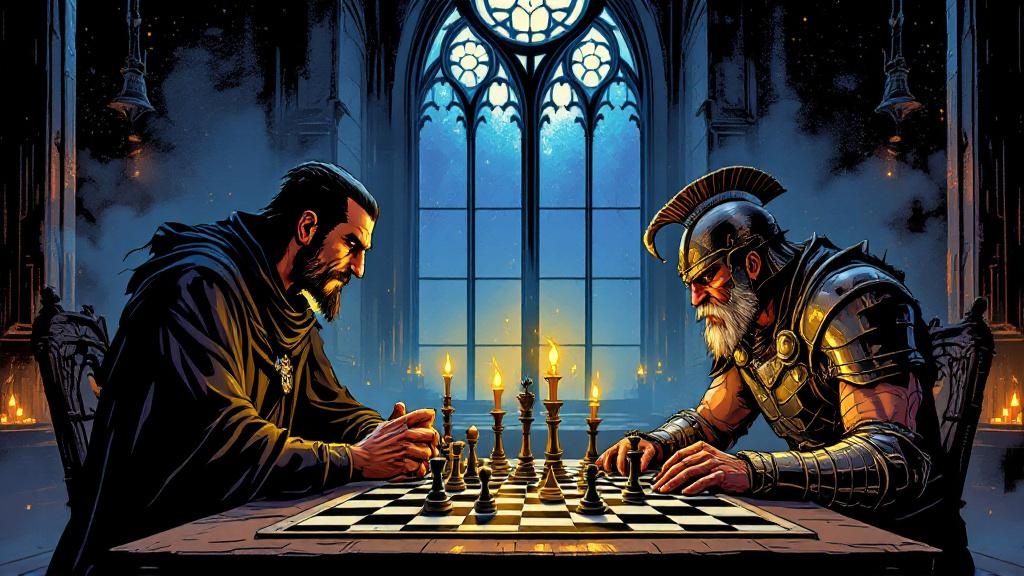 Vetinari and Vimes seated across a chess board in the Patrician's shadowy office