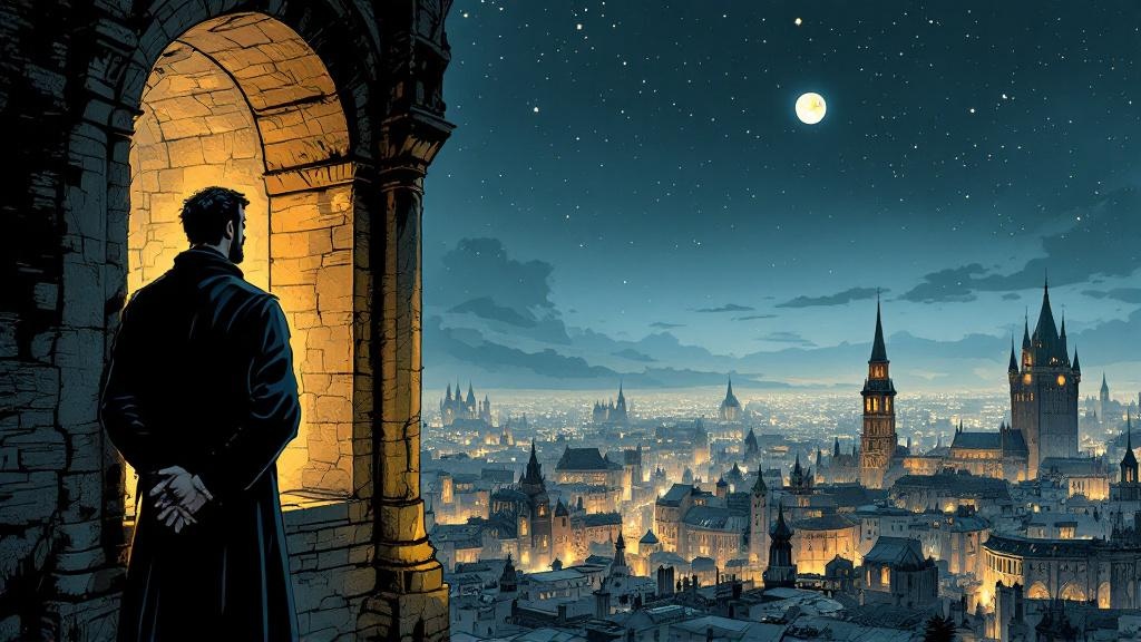 Vetinari and Vimes standing at a window overlooking Ankh-Morpork at night