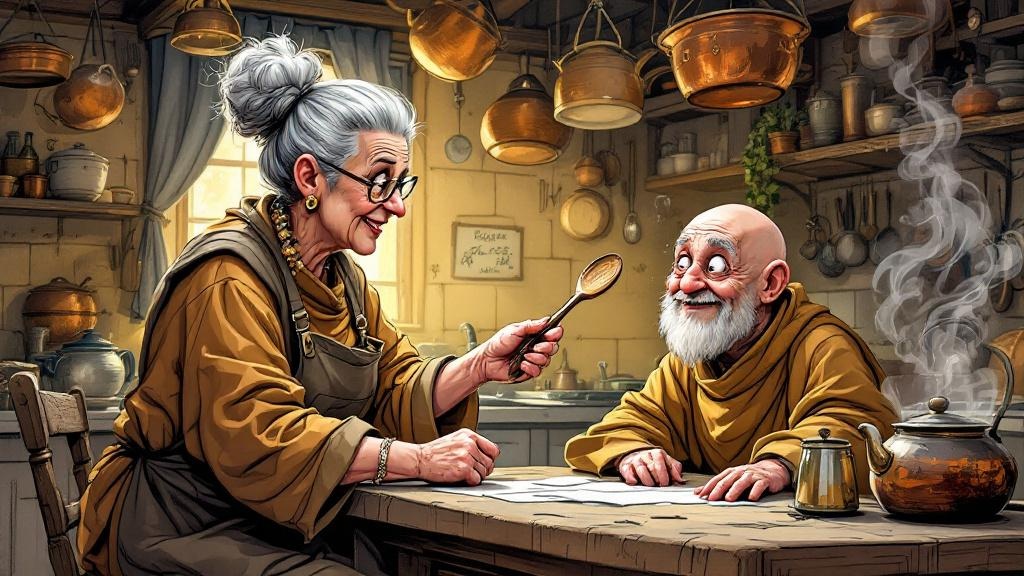 An elderly Ankh-Morpork landlady lecturing a small bald monk at her kitchen table while pointing a wooden spoon