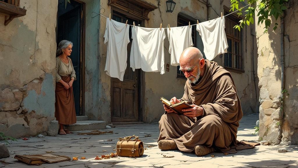 A small bald monk carefully writing in a worn notebook while an oblivious woman hangs laundry in the background