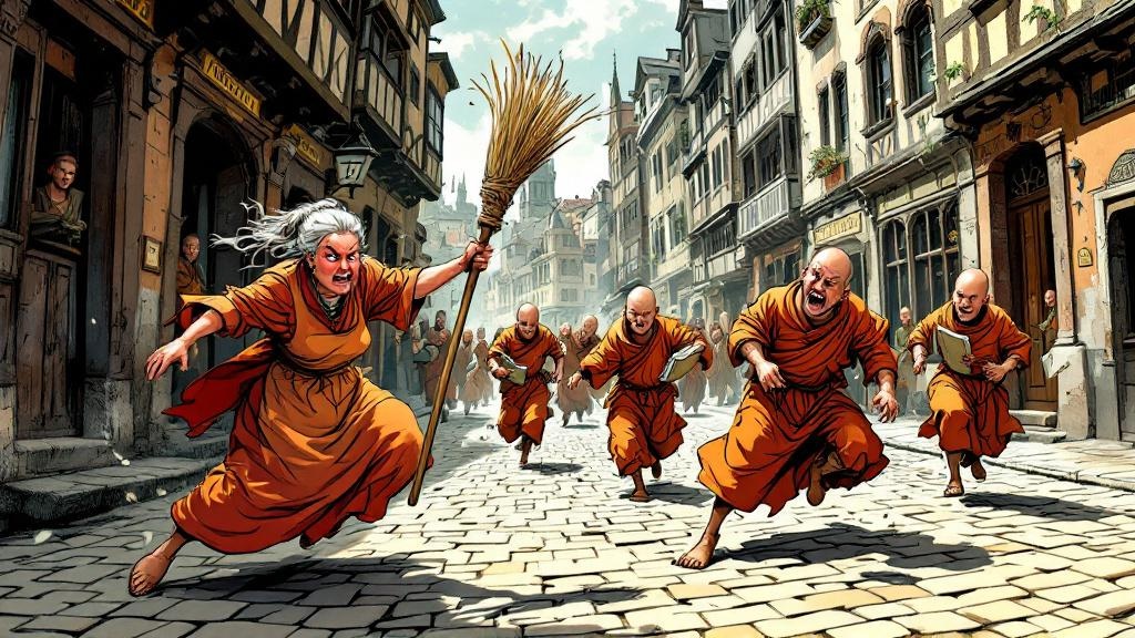 Orange-robed young monks being chased down an Ankh-Morpork street by an angry woman swinging a broom