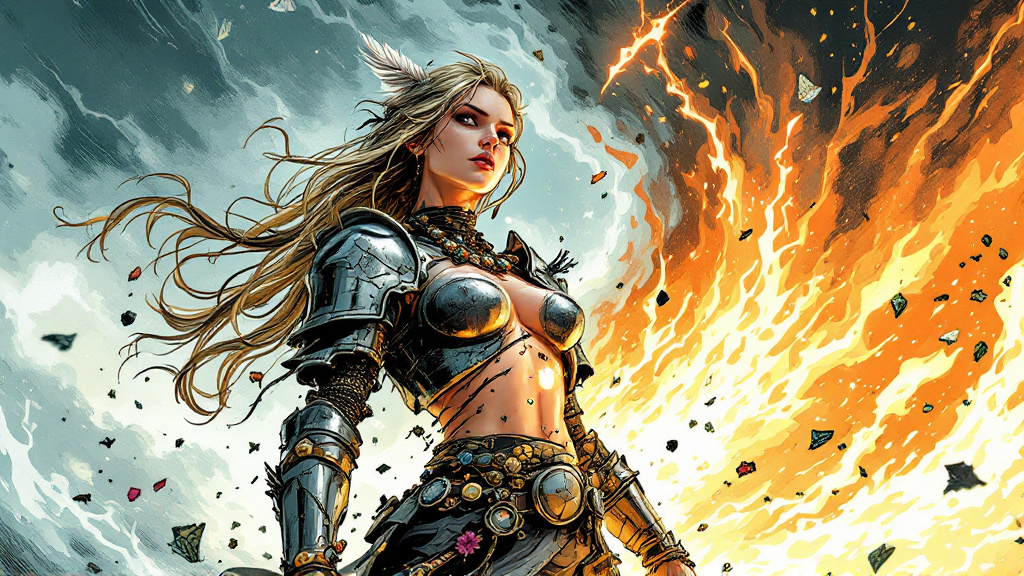 A young woman in battered armour bracing against a storm of silver light as crystals, flowers and charms fly away from her, revealing a glowing steel core at her chest