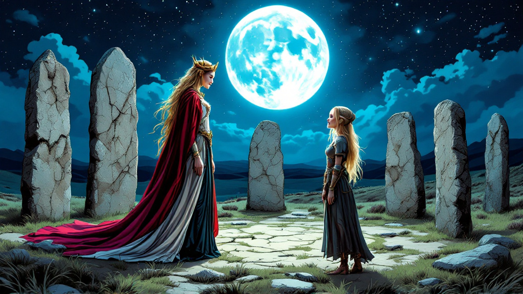 The tall, crowned Elf Queen in a red cloak and pale gown facing a young fair-haired witch inside a ring of standing stones under a full moon