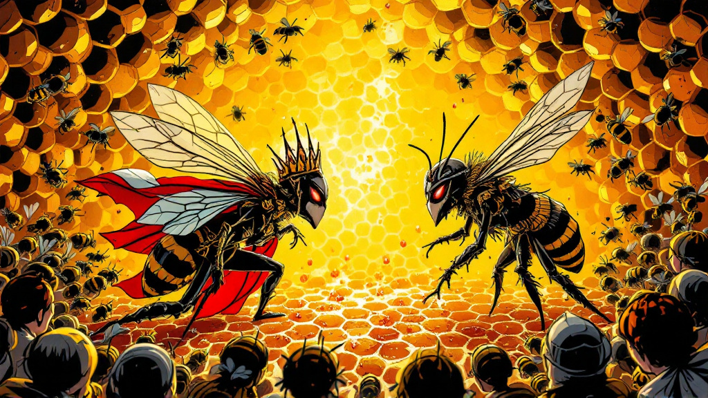 Two queen bees facing off on a honeycomb, one sleek with a copper crown and a red, white and black cape, the other scruffy in a thimble helmet holding a tiny axe, with worker bees watching