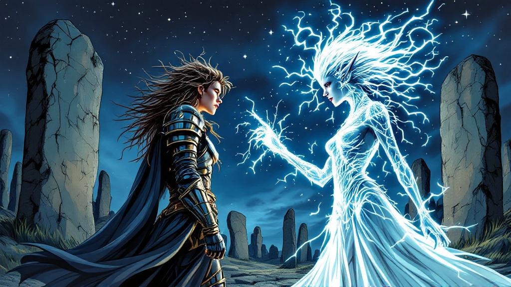 Armored Magrat facing off against the ethereal Elf Queen at the ancient standing stones
