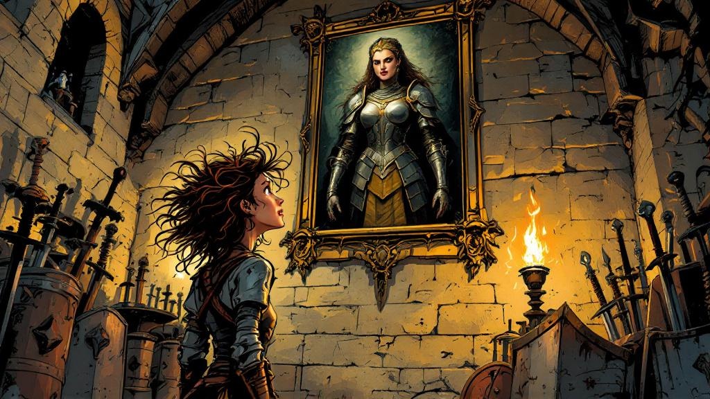 Magrat standing in the castle armory, gazing up at the portrait of Queen Ynci with the legendary armor hanging below