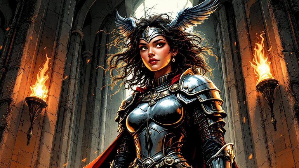 Magrat transformed in Queen Ynci's armor, standing tall and fierce with steel in her eyes