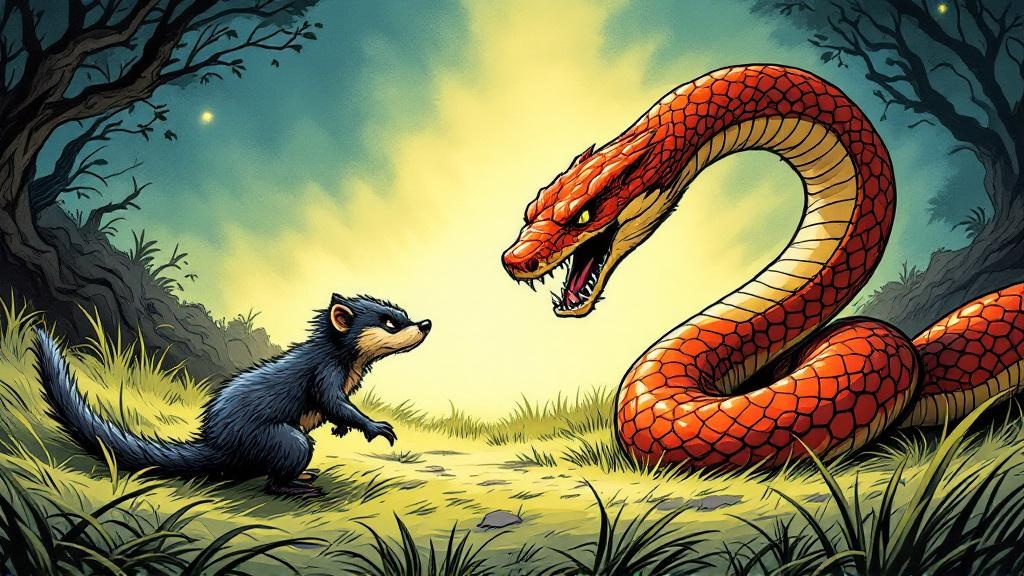A fierce mongoose facing down a large serpent in a dramatic standoff