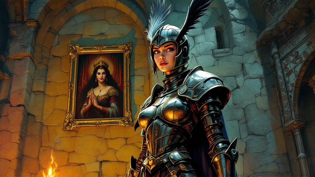 Magrat standing in full warrior queen armor in the castle armory, lit by torchlight, transformed and fierce