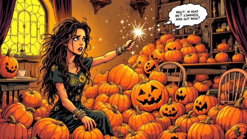 Magrat wielding a fairy godmother wand that's turning everything into pumpkins, looking frustrated amid a pile of orange gourds